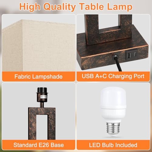 Seealle 22" Tall Living Room Lamps for Night Stands - Touch Bedside Lamp with USB C+A, 3 Way Dimmable Bedroom Lamps for End Tables Set of 2, Modern Night Stand Lamp for Bed Side(Beige&Brown) - Image 5