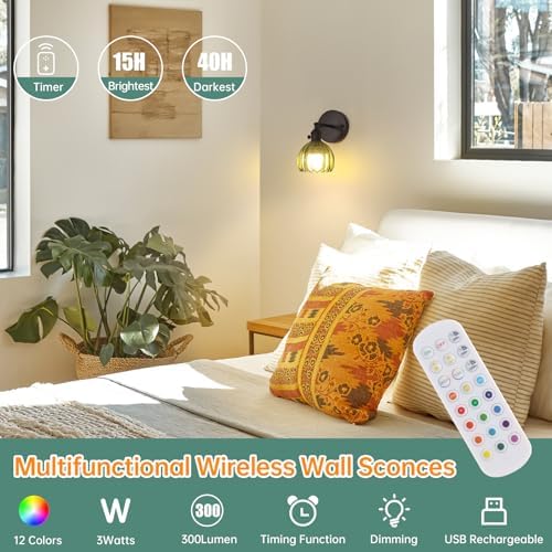 Shenmoyl Vintage Battery Operated Wall Sconce with Green Tulip Glass Lampshade Rechargeable Battery Powered Black Wall Light with Remote Control for Bedside Bedroom Doorway - Image 2