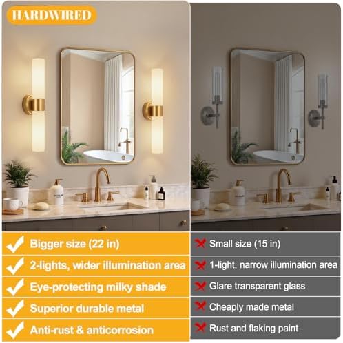 Hardwired Wall Sconces Set of Two, Modern Bathroom Sconces Wall Lighting with Milky White Glass, Brushed Gold Sconces Wall Decor Set of 2 for Bathroom Mirror Bedroom Living Room Hallway - Image 2
