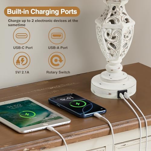EJIAXIN Lamps for Night Stands Set of 2-23.5" Boho Bedside Lamp with USB A+C and Nightlight - Cream Rustic Carved Resin Farmhouse Table Lamp for Bedrooms, End Tables, Living Room, Bulbs Included - Image 4