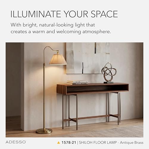 Adesso Floor Lamp, Antique Brass & Oatmeal, Pleated Shade, 63” - Image 2