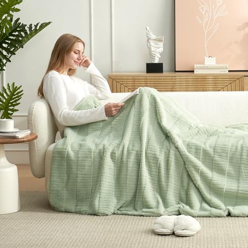 Amélie Home Luxury Striped Faux Fur Throw Blanket for Couch, Soft Cozy Fuzzy Fluffy Soft Plush Blankets Sofa Chair Gift Blankets for Women, 60"x80", Sage Green - Image 4