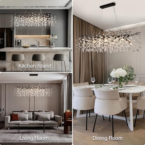 YUYI 47" Black Crystal Chandelier, 14-Light Modern Tree Branch Chandeliers for Dining Room, Luxury Rectangular Chandelier for Kitchen Island, Living Room, Foyer, K9 Crystal Raindrop Light Fixture - Image 2