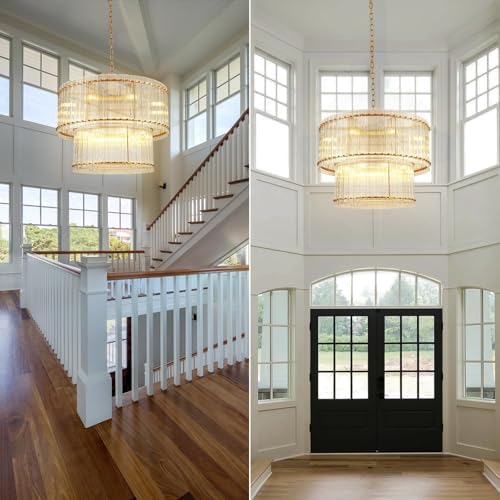 3-Tier Modern Gold Round Chandelier, 37" Water Ripple Crystal Glass Chandeliers for High Ceiling,16-Lights Luxury Adjustable Hanging Chandelier for Living Room, Foyer, Staircase, Dining Room, - Image 3