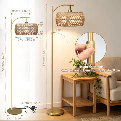 Gold Floor Lamps for Living Room, Arc Floor Lamp with Remote & Dimmable Bulb, 3 Color Temp Boho Standing lamp with Rattan Cage Shade, Height Adjustable Tall Lamp for Bedroom Corner - Image 3
