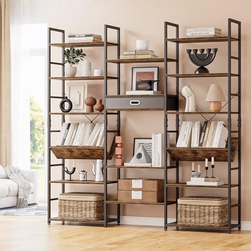 NUMENN Triple Wide 6 Tier Bookshelf with Drawer & Open Shelves, Vintage by NUMENN
