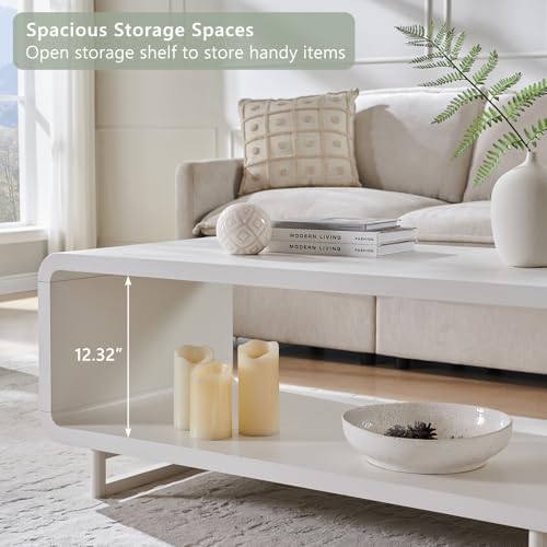 IFGET 48" Modern Coffee Table, 2-Tier Minimalist Curved Center Table, White - Image 5