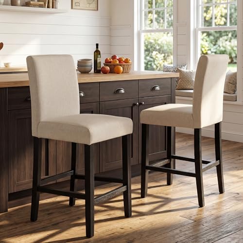GOTMINSI Classic 24 Inches Counter Height Stools Upholstered Bar Stools with Solid Wood Legs Set of 2(Fabric Beige) by GOTMINSI