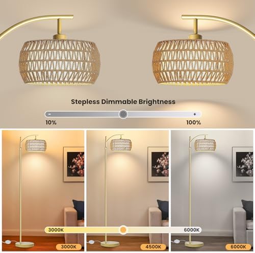Yusist Arc Floor Lamp for Living Room,Farmhouse Floor Lamps with Remote Control & Dimmable Bulb,Gold Boho Rattan Tall Standing Lamp for Bedroom Office - Image 2