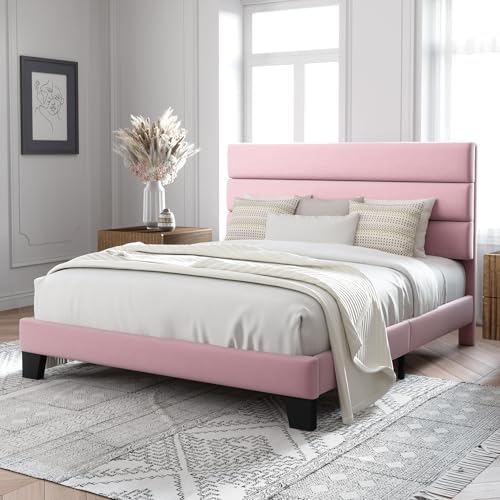 Allewie Full Size Platform Bed Frame with Velvet Upholstered Headboard Pink - Image 3