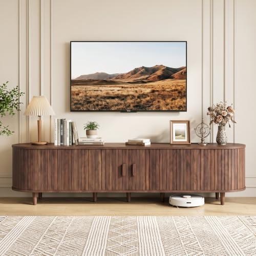 MXV 90" TV Stand with Sliding Doors for Living Room, Mid Century Modern Entertainment Center, TV Console with Fluted Door Cabinets and Power Outlet, Walnut - Image 7