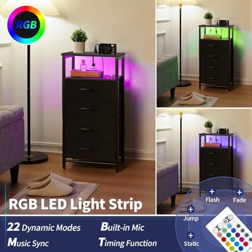 Yoobure Night Stand - LED Nightstand with Charging Station, Bedside Table with 4 Fabric Storage Drawers and Storage Shelf, End Table with USB Ports and Outlets, Tall Nightstand for Bedroom - Image 4