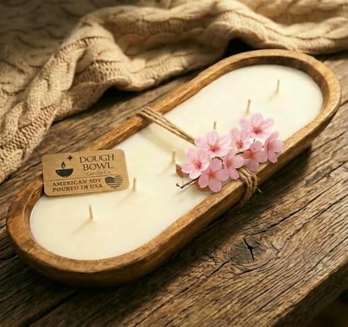Dough Bowl Candle Co. Cherry Blossom and Citrus Soy Candle - 6 Wick Rustic Farmhouse Decor Odor Eliminator in Wooden Bowls, 32 Ounce Wooden Dough Bowl Candle, All-Natural Gifts for Women and Men by Dough+Bowl+Candle+Company
