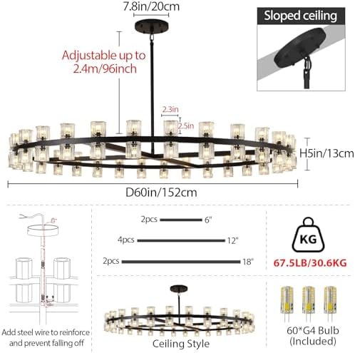 Modern 60 inch Black Round Chandelier, Extra Large Chandeliers Crystal Chandeliers for Living Room, Large Wagon Wheel Chandelier for Foyer, Staircase, Entrance,Includes Bulb - Image 3
