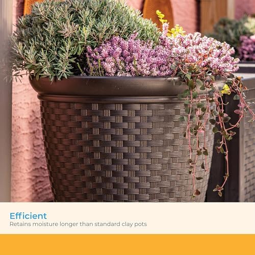 Suncast Sonora 22 Inch Plastic Wicker Indoor or Outdoor Decorative Garden Flower Planter for Entryways, Porch, and Backyard Patios, Dark Brown - Image 5