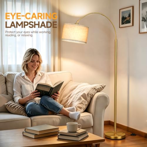 Arc Floor Lamps for Living Room, Gold Standing Lamp with Linen Shade - Image 5