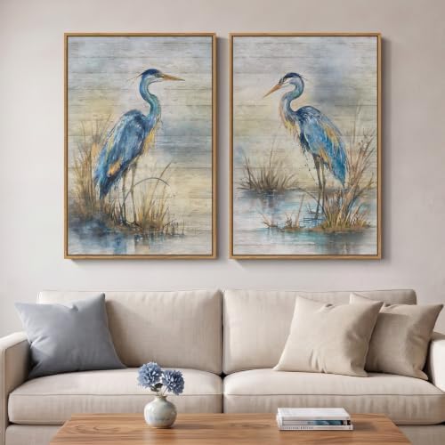 Framed Vintage Coastal Blue Heron Bird Wall Art for Living Room, 24x36 Inch by MXART