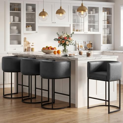 Counter Height Bar Stools Set of 4, Modern Counter Stools for Dining Room, 24 Inch Barstools for Kitchen Island, Faux Leather Bar Stool with Metal Legs and Back Footrest, Black - Image 7