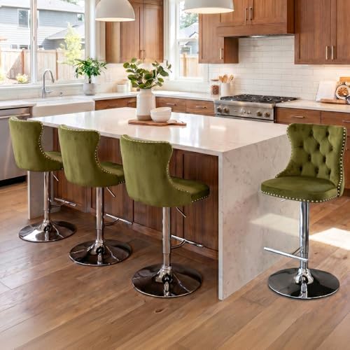 SoarFlash Velvet Bar Stool Set of 4, Adjustable Swivel Bar Stools with Silver Plated Metal Leg, Button Tufted, Footrest, Chrome Nailhead, Pub Chair for Kitchen, Bar, Dining Room (Olive Green) - Image 3