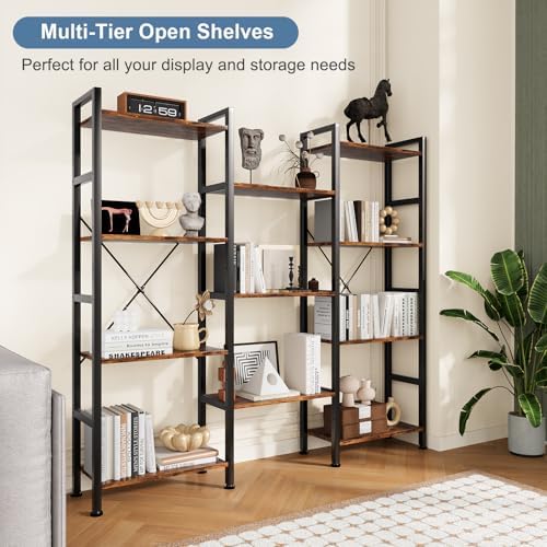 DUMOS Triple Column 4 Tier Bookshelf, Wide Industrial Bookcase, Brown - Image 3