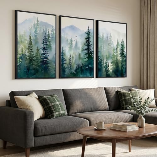 Large Framed Green Forest Landscape Living Room Wall Art, 3 Piece, 24x36 In - Image 2