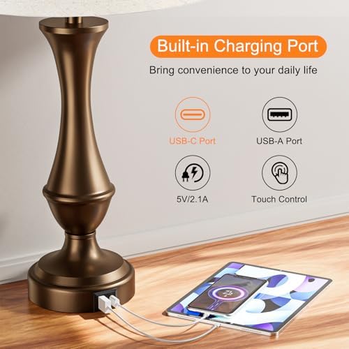 Touch Lamps for Nightstand, 3 Way Dimmable Lamps for Bedroom with USB C+A - Image 4