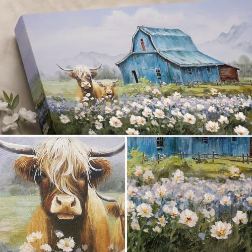 Anolyfi Farmhouse Highland Cow Canvas Wall Art for Living Room 48"x24" - Image 5