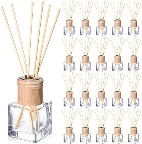 Roshtia 20 Set Reed Diffuser Bottle Empty Fragrance Glass Diffuser Bottles Refillable Diffuser Bottles Set with Wooden Caps and Rattan Sticks 50ml 1.7 Oz Diffuser Glass Jars for DIY Fragrance (Square) by Roshtia