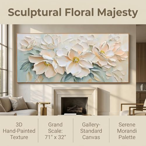 Anolyfi Framed White Floral Canvas Wall Art for Living Room Bedroom 71"x32" - Image 2