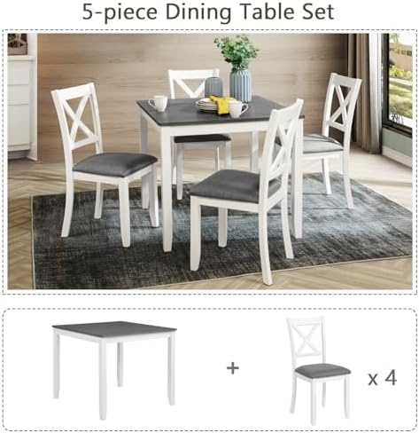 Harper & Bright Designs 5-Piece Wood Dining Table Set for 4, Kitchen Furniture Set with 4 High Back Upholstered Dining Chairs for Small Places,White+Gray - Image 7