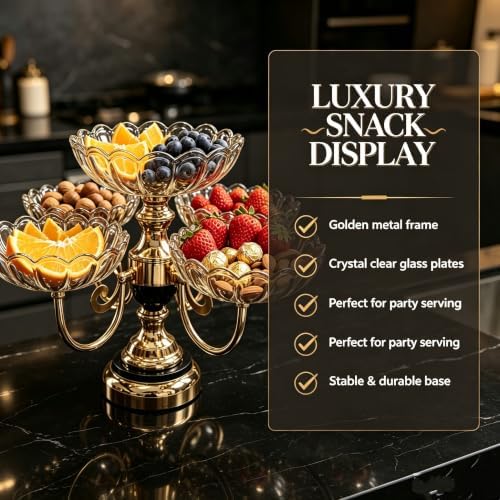 Rotatable 5 Plate Amber Electroplated Glass Fruit Serving Stand 1 Large Fixed Bowl 4 Rotatable Small Bowls Gold Metal Snack Tray Decorative Candy Nut Dessert Display for Dining Table Home Party Decor - Image 2