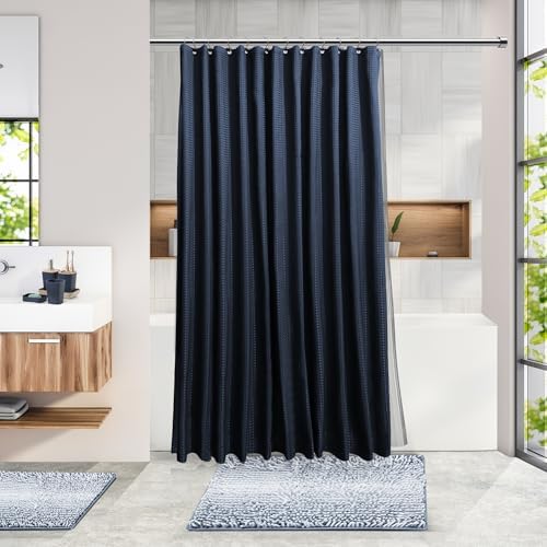 Clara Clark Bathroom Accessories Set - 27PC Bathroom Set with Adhesive Corner Shower Caddy Hanging, Bathroom Sets with Shower Curtain and Rugs, Ombre Navy Shower Curtain Set with Bathroom Trash Can - Image 2