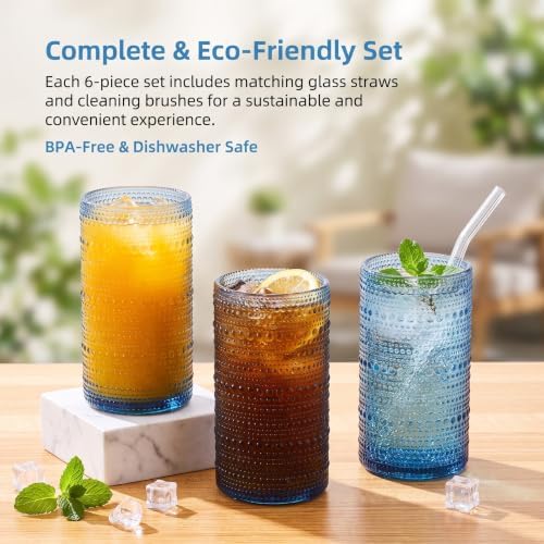 Vintage Hobnail Drinking Glasses Set of 6, 16 oz Large Capacity Embossed BlueTumblers, Highball Glasses for Water, Cocktail, Beer, Whiskey, Kitchen & Bar Use - Image 5
