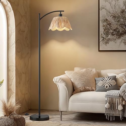 Oneach Boho Floor Lamp with 3 Color Temperatures, Farmhouse Floor Lamps for Living Room with Remote & Dimmable Bulb, Rattan Floor Lamp for Bedroom, Black by Oneach