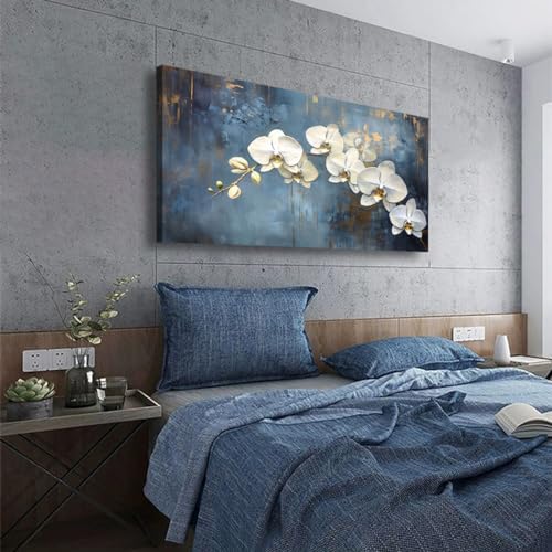 Abstract White Butterfly Orchid Canvas Wall Art for Living room Office Bedroom Flowers Wall Art Print Oil Paintings Modern Blue Gold Rain Mist Pictures Wall Decor Artwork Ready to Hang - 20in * 40inch - Image 3