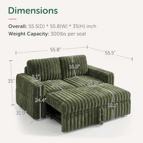 HONBAY Plush Corduroy Loveseat Sleeper Sofa,Modular Pull Out Sofa Bed,Couches for Living Room,Plush Green - Image 2