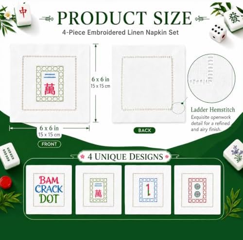 Chumia 4 Pcs Mahjong Gift Embroidered Napkins for Mahjong Lovers, Novel - Image 2