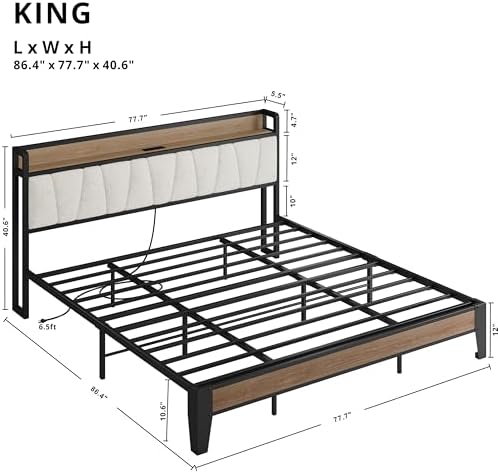 LIKIMIO King Size Bed Frame with Storage Headboard and Charging Station - Image 2