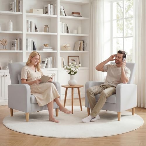 COLAMY Mid-Century Modern Accent Chair, Faux Leather Upholstered Living Room Chair with Back Pillow & Solid Wood Legs, Comfy Armchair for Living Room, Bedroom, Single Sofa, Light Grey - Image 3