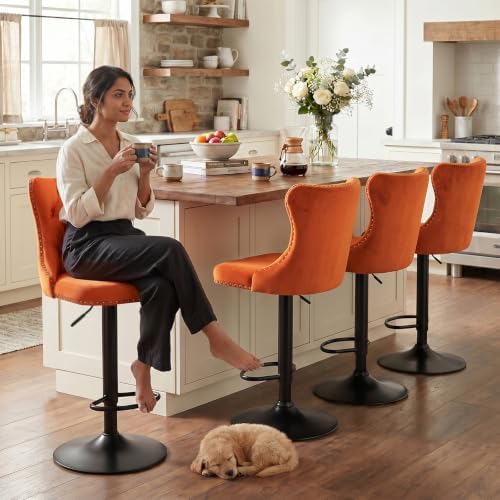 SoarFlash Velvet Bar Stool Set of 4, Adjustable Swivel Bar Stools with Black Metal Leg, Button Tufted, Footrest, Chrome Nailhead, Counter Height Chair for Kitchen, Bar, Dining Room (Orange) - Image 3