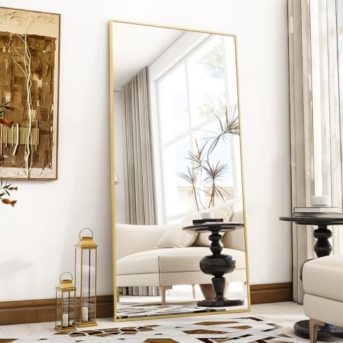 VooBang Oversized Full Length Mirror, 71" x 30" Floor Mirror with Stand, Aluminum Alloy Frame Full Body Mirror, Standing Hanging or Leaning Against Wall Bedroom Living Room, Gold by VooBang