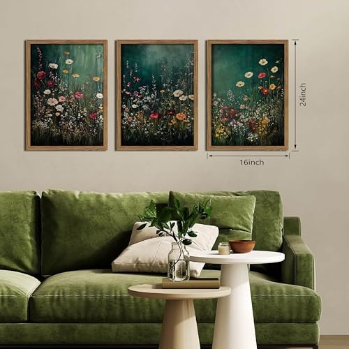 Vintage Wildflower Wall Art Set of 3, Moody Dark Green Flower Botanical Wall Decor Paintings,Nature Floral Farmhouse Landscape Posters Prints Pictures for Living Room Bedroom 16x24 Inch Wood Framed - Image 4