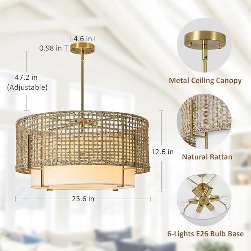 25.6" Large Rattan Chandelier, 6-Light Boho Rustic Pendant Light Fixture - Image 2