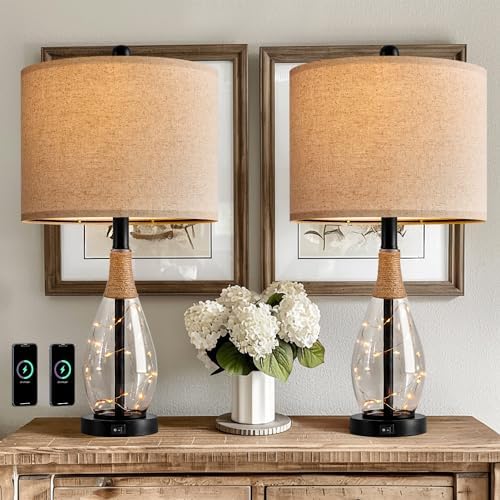 OYEARS 23" Table Lamps for Living Room Set of 2 Bedside Lamps for Night Stands Bedroom Lamps Farmhouse Rattan Boho Lamp Glass Nightlight End Table Lamp with USB C+A (Black),Two Light Points - Image 5