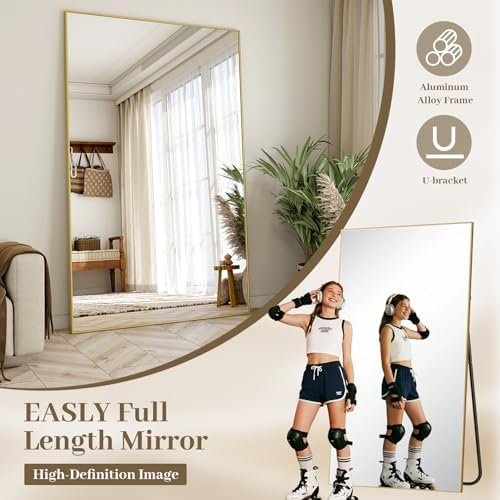 Easly Full Length Mirror with Stand 46"x76" Full Body Mirror Floor Mirror Standing Hanging or Leaning Wall, Wall Mirror with Stand Aluminum Alloy Frame for Living Room Bedroom Cloakroom,Gold - Image 6
