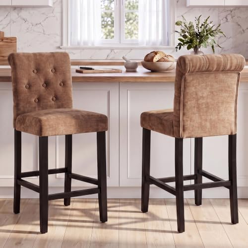 LSSBOUGHT Counter Height Barstools Fabric Upholstered Counter Stool with Rubber Wood Legs Bar Chair for Kitchen Island (Brown, Set of 2) by LSSBOUGHT
