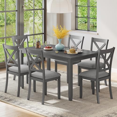 Zevemomo 7-Piece Solid Wood Dining Table Set, Farmhouse Wooden Legs, Grey by Zevemomo