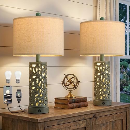 OYEARS 22'' Table Lamp Set of 2 for Living Room, Farmhouse Lamp for Bedroom, Vintage Bedside Lamps with Retro Design and USB Ports, Linen Shade for Home Office (Bulb Included, Green) by OYEARS