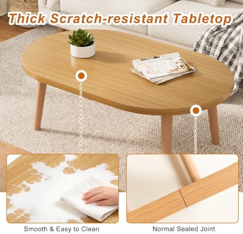 Coffee Table Low Table with Solid Wood Legs, 31.5x19.7" Large Coffee Table Side Table, Floor Table Desk for Sitting on The Floor, Living Room Furniture for Office Apartment Home, Oval Natural - Image 5