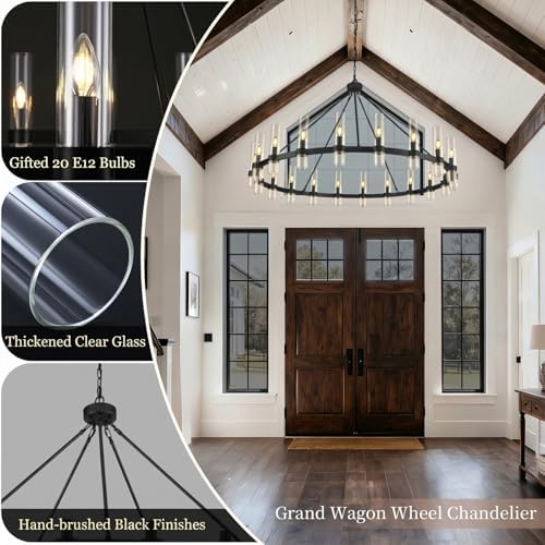 60-Inch Black Wagon Wheel Chandelier for High Ceilings, Modern Farmhouse - Image 3